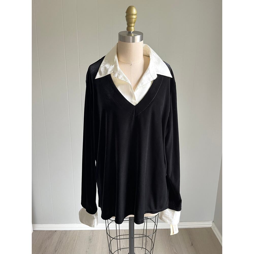 Vintage Y2K Notations Black Velvet Top White‎ Collar Cuffs 1X NWT Plus Size